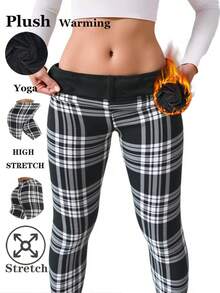 1 Pack Women's Plaid Thermal Lined Leggings, Black & White, Elastic Skinny Pants, European & American Fashion, Casual & Elegant, Slimming, Warm & Comfortable For Home, Yoga, Fitness, Outdoor, Casual Wear, Gifts