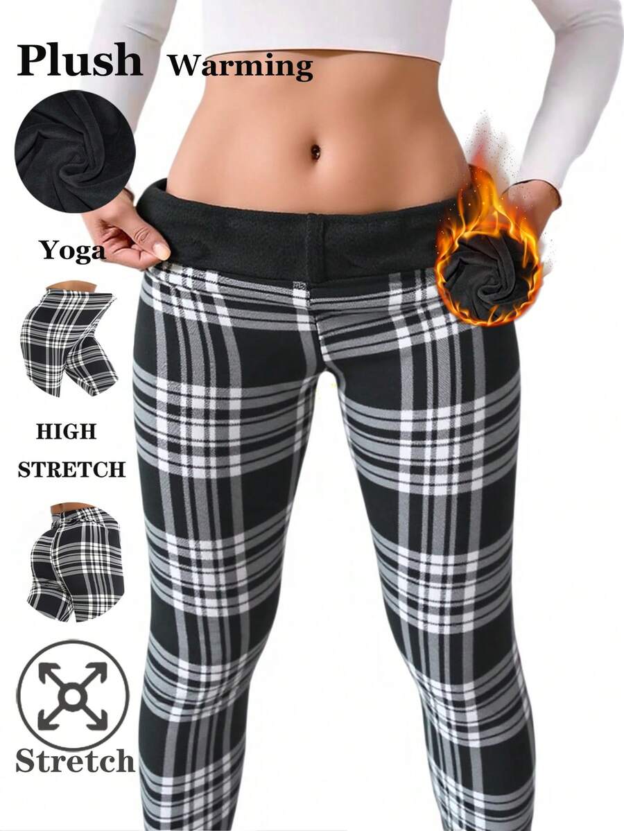 1 Pack Women's Plaid Thermal Lined Leggings, Black & White, Elastic Skinny Pants, European & American Fashion, Casual & Elegant, Slimming, Warm & Comfortable For Home, Yoga, Fitness, Outdoor, Casual Wear, Gifts