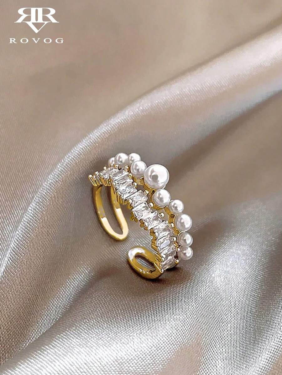 1pc Simple Minimalist Style High-End Copper Ring With Zirconia Stone - Gold - View 1