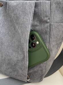 女士灯芯绒复古托特包，多口袋休闲单肩包，斜挎包，学生背包，办公手提包，大容量可折叠购物袋 - 灰色 - 查看 12