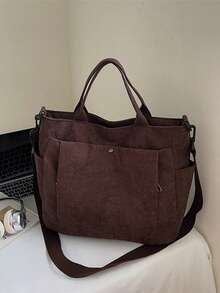 灯芯绒多口袋女士复古手提包，简约单肩/斜挎包，学生书包，办公手提包，大容量可折叠购物袋 - 棕色 - 查看 2