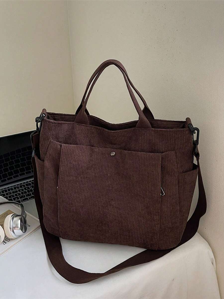 灯芯绒多口袋女士复古手提包，简约单肩/斜挎包，学生书包，办公手提包，大容量可折叠购物袋