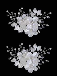 3pcs/Set Bridal Wedding Flower Crystal Pearl Hair Clips, Rhinestone Embellished White Floral Hair Accessories