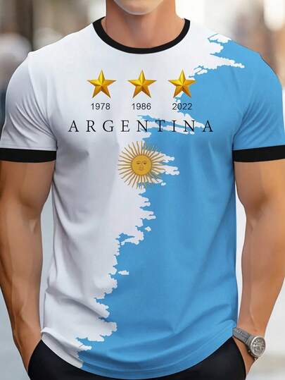 Camiseta de manga corta casual para hombres - Impresa con bandera de Argentina, cuello redondo, lavable, tela ligera y transpirable, adecuada para uso casual u deportes al aire libre, ropa para todas las estaciones | Camisa fácil de usar | Ropa casual duradera, camiseta de manga corta