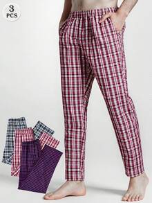 3pcs Men's Plaid Print Casual Straight Leg Pajama Pants, Breathable Loose Fit Drawstring Waist Sweatpants With Pockets, Comfortable Lounge Pants, Multi-Color Set, Fall Clothes