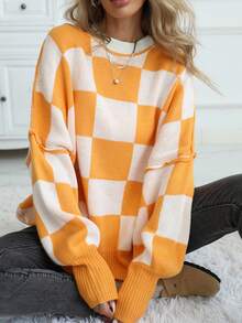 Women's Casual Loose Fit Drop Shoulder Colorblock Turtleneck Pullover Sweater - Orange - View 2