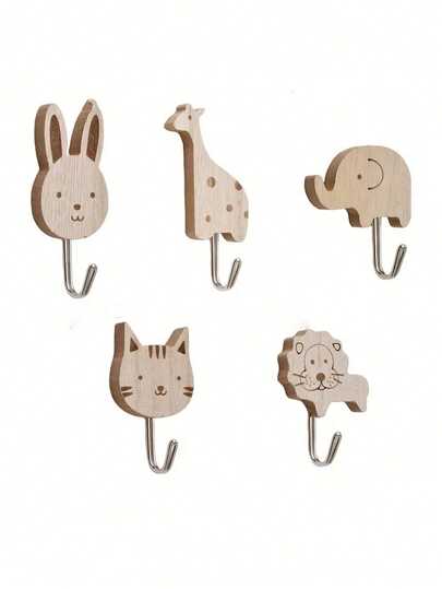5 pièces Crochets mignons en bois d'animaux, crochets adhésifs pour la décoration de la chambre d'enfant, pour accrocher, ranger et organiser