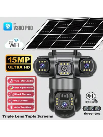V380Pro Wireless Remote Camera, 2.4GHz WiFi Outdoor Solar Powered Surveillance 360° No Dead Angle View, 15MP HD, Dual Way Audio, Motion Tracking, Alarm Push, Outdoor, Sports Field, Ranch, Garden Other Monitoring, Built In Battery Pack, Panel Year Round Uninterrupted Operation