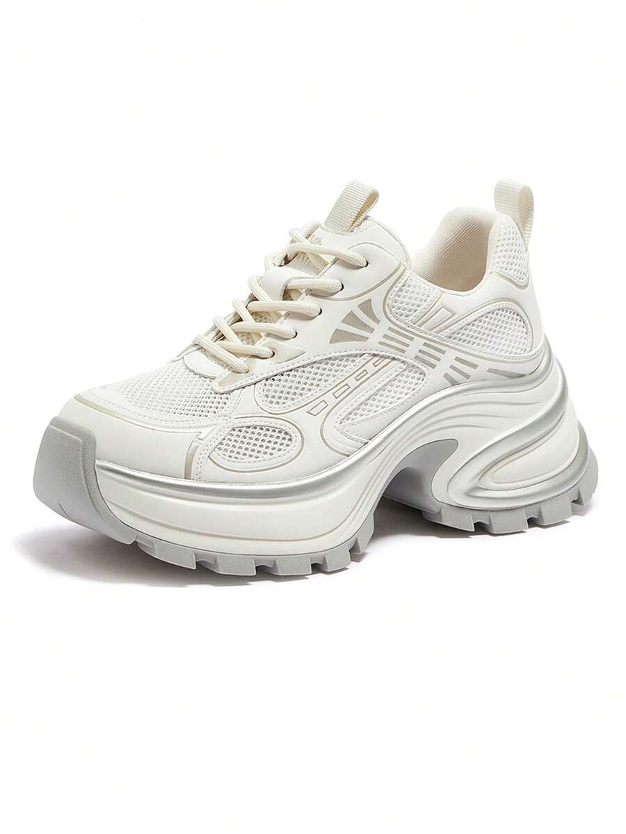 Women's New Retro Platform Sneakers, Transparent Mesh Casual Shoes, Comfortable Thick-Sole Trainers - Beige - View 1