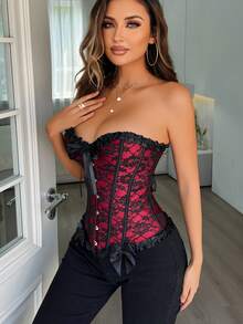 Corset bustier overbust sans bretelles pour femmes, top moulant avec détail nœud en dentelle, fermeture par boutons à l'avant, laçage dans le dos, convient pour Halloween - Rouge foncé - Voir 4