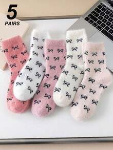 5 Pairs Solid Color Bow Decor Mid-Calf Socks, Fluffy, Warm, Versatile For Women, Autumn/Winter Valentines Christmas Gift - Multicolor - View 4