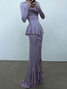 Fishtail Slit Design Waist Ruffle Sexy Round Neck High Slit Dress Long Skirt - Lilac Purple - View 5