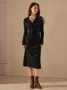 Wildy 女式黑色罗纹抽绳中长紧身连衣裙 - 黑色 - 查看 2