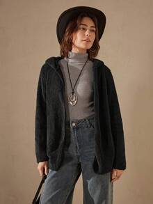 Wildy 女式休闲宽松黑色双面羊毛连帽夹克，秋冬