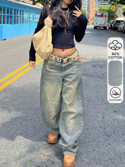 Vintage Blue Boyfriend Style Jeans, Women's Loose Wide Leg Casual Jeans, Spring/Summer