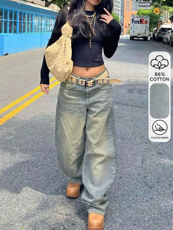 Vintage Blue Boyfriend Style Denim Pants Women's Loose Wide Leg Straight Leg Casual Mop Trousers Jeans Winter Christmas New Year Thanksgiving