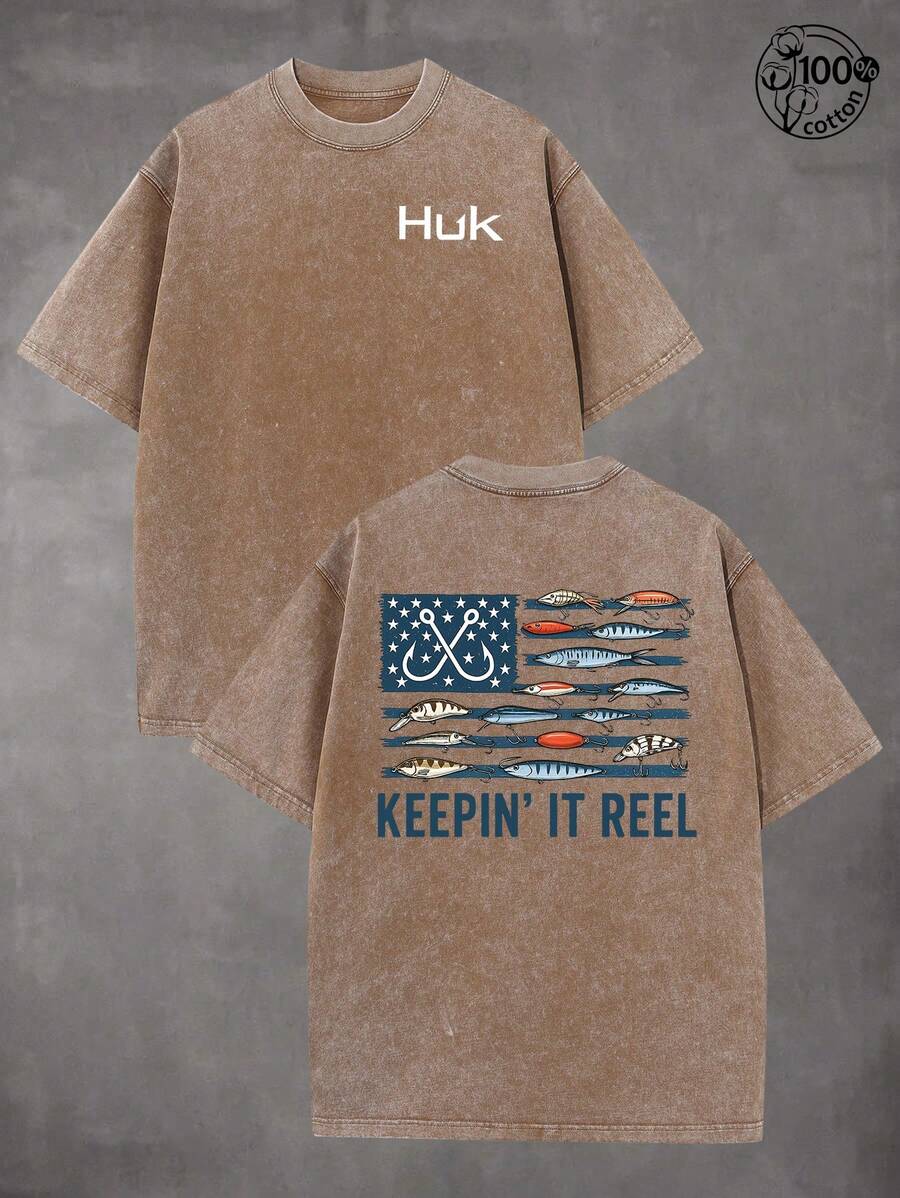 230G Wash Cotton High-Quality Cotton Printed T-Shirt, HUK, Fishing, Flag Design, Fishing T-Shirt, Fun T-Shirt, Men's Summer Round Neck Short Sleeves, Suitable For Retro Street Retro And Outdoor Sports And Leisure, Simple, Unisex, Daily Y2K Style Outfit, Fishing Enthusiast, Perfect Gift - 咖啡棕 - 查看 1