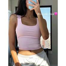 Camiseta de mujer de costilla con acolchado, top de entrenamiento de cuello cuadrado, top corto ajustado, camiseta básica de tirantes - Flor rosa - Ver 2