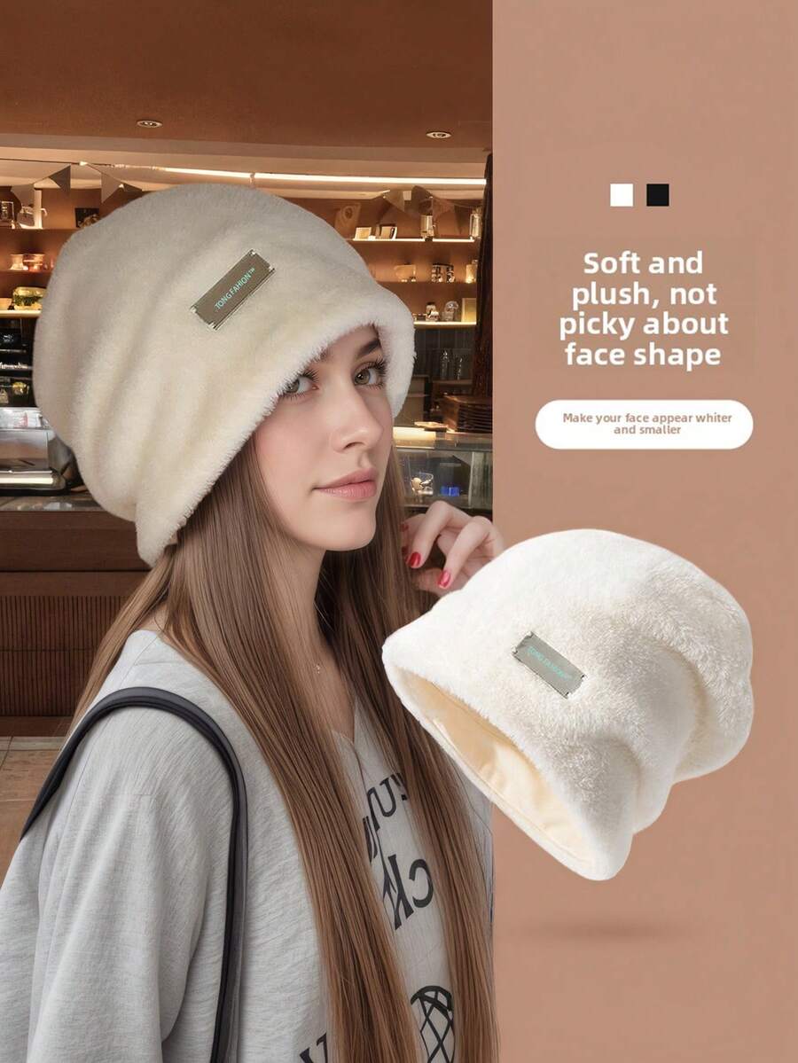 Women's Autumn/Winter Thermal Lined Beanie Hat With Logo, Warm Ear Protection Knitted Slouchy Cap, Suitable For Cold Weather Outings