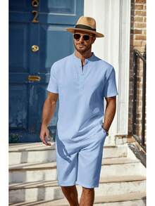 Men's 2 Pieces Linen Set Casual Henley Short Sleeve Shirts Beach Yoga Shorts Summer Outfits - Màu xanh lam - Xem 4