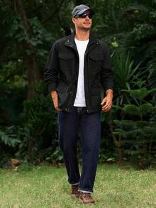 Mens Military Jacket Full Zip And Button  Field Jacket Multi Pocket Cargo Outdoor Coathalloween - 黑色 - 查看 7