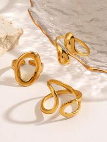 3pcs Stainless Steel Minimalist Geometric Oval & Water Drop Open Rings, Suitable For Women's Daily & Party Wear - Multicolor - View 3