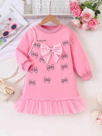 Mädchen süßes rosa Kleid mit rundem Ausschnitt, Langarm, locker, Schleife, Allover-Muster, Organza-Stoff mit Schleifenbesatz und Rüschen-Saum, Herbst/Winter