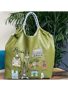 1pc Fashion Versatile Leather Embroidered Architecture Pattern Foldable Large Capacity Tote Bag, Adjustable Shoulder Strap For Daily Commute & Shopping