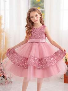 女孩粉色蝴蝶结亮片圣诞派对薄纱连衣裙，公主裙适合生日派对、晚会、婚礼花童、节日庆典