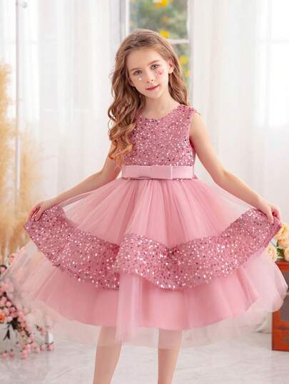 女孩粉色蝴蝶结亮片圣诞派对薄纱连衣裙，公主裙适合生日派对、晚会、婚礼花童、节日庆典