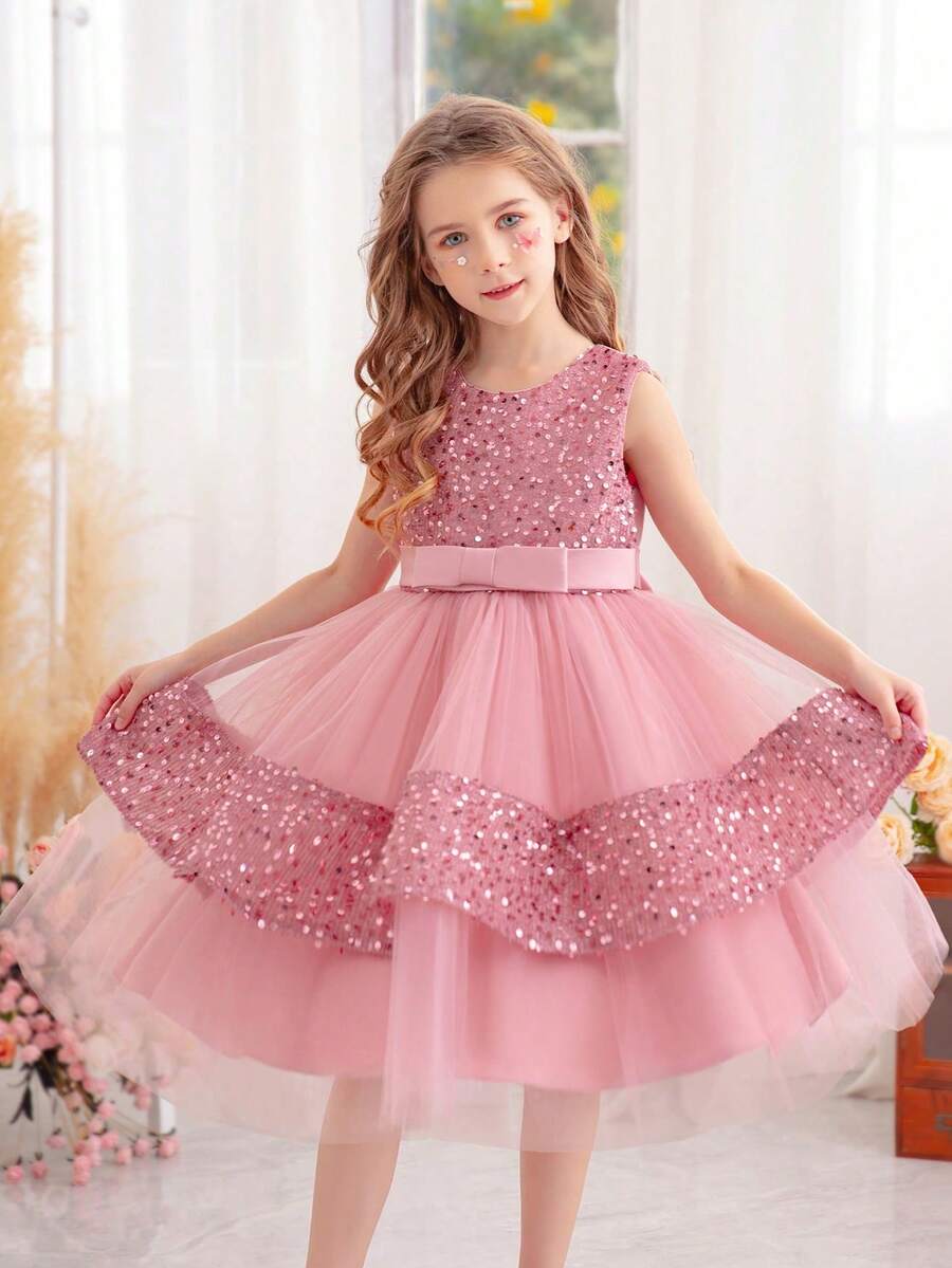 女孩粉色蝴蝶结亮片圣诞派对薄纱连衣裙，公主裙适合生日派对、晚会、婚礼花童、节日庆典