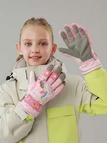 1 Pair Kids Cartoon Pattern Winter Warm Outdoor Sports Snow Ski Gloves, Waterproof And Windproof