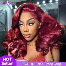 200% 密度 12 英寸 13X4 高清蕾丝前假发 勃艮第红色波浪巴西处女假发 耳对耳 高清蕾丝前假发 人发混合 无胶预拔 自然发际线 - SBUG - 查看 2