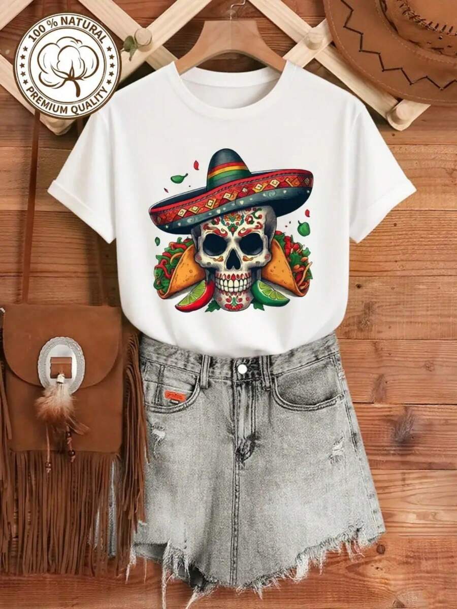 100% single-sided autumn and winter pure cotton T-shirt, with the strong arrival of the Day of the Dead, easy to breathe, absorb moisture and sweat, printed with skull and hat print, women's 180g pure cotton T-shirt, Mexican party costume, cultural celebration costume, festival skull design, comfortable fabric, festival costume, soft material, casual wear - Blanco - Ver 1