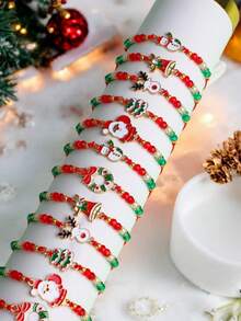 6 件圣诞串珠编织手链时尚圣诞老人圣诞树铃铛女孩节日多彩可爱朋友礼物珠宝配饰 - 聖誕節串珠編織手鍊 - 查看 3