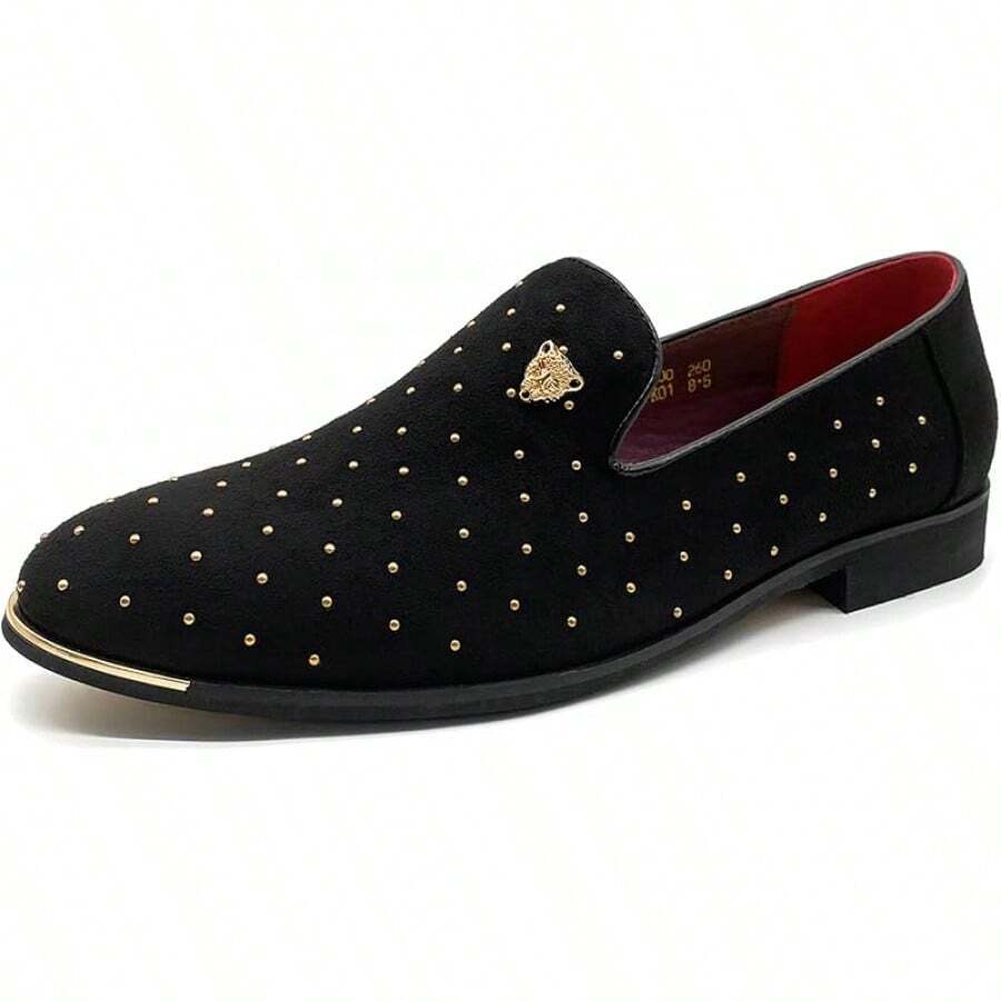 Men's Pointed Toe Rivet Dress Shoes Glitter Modern Metallic Slip On Loafers Plus Size-20256688 - Black - View 1