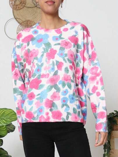 Pulover casual pentru femei, stil vacanță, croială lejeră, imprimeu floral, cu umeri căzuți, toamnă/iarnă