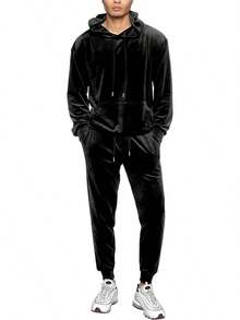 Mens 2 Piece Velour Hoodie Tracksuit Long Sleeve Velvet Hooded Pullover Casual Athletic Jogging Sweatsuit Set-2025 - 黑色 - 查看 1