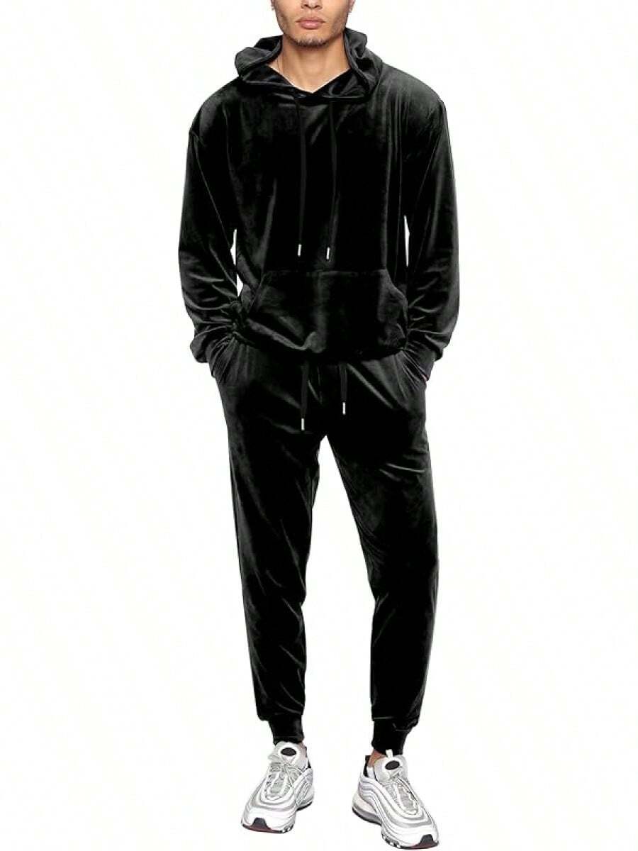 Mens 2 Piece Velour Hoodie Tracksuit Long Sleeve Velvet Hooded Pullover Casual Athletic Jogging Sweatsuit Set-2025 - 黑色 - 查看 1