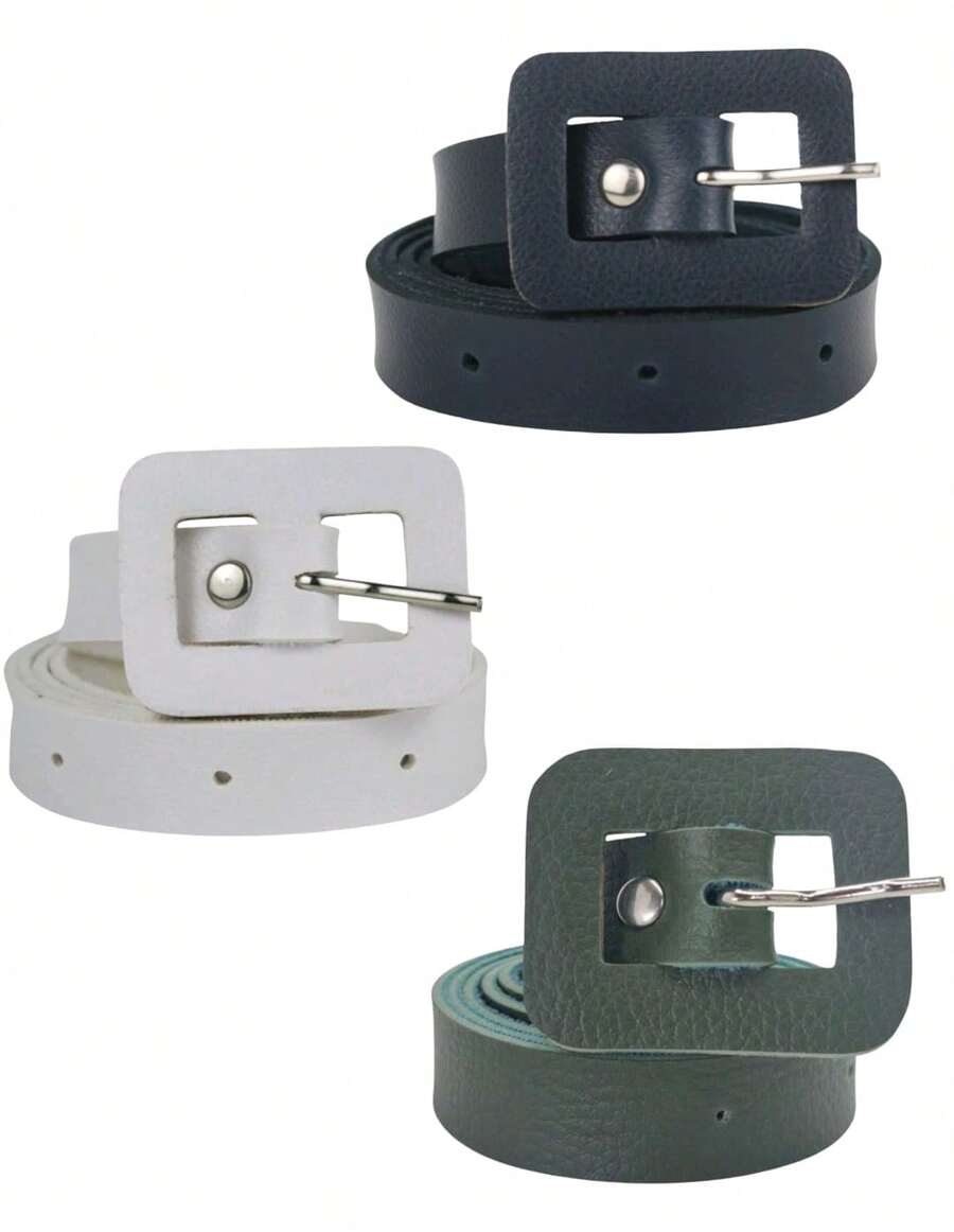 Kit 3 Women's Belts With Square Buckle - 黑白,軍綠色 - 查看 1