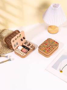 1pc, Retro Upgraded Style With Earring Plate Long Exquisite Cork Portable Large Capacity Jewelry Box Earring Ring Necklace Travel Multilayer Storage Box Jewelry Box Earring Ring Necklace Travel Storage Box Jewelry Earring Elegant Style Printed Jewelry Box Multifunctional Jewelry Storage Box Zipper Convenient Jewelry Bag