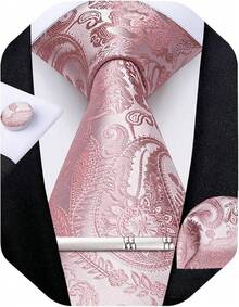 Silk Floral Necktie Set With Tie Clip, Handkerchief & Cufflinks - Blush Pink Paisley - View 1