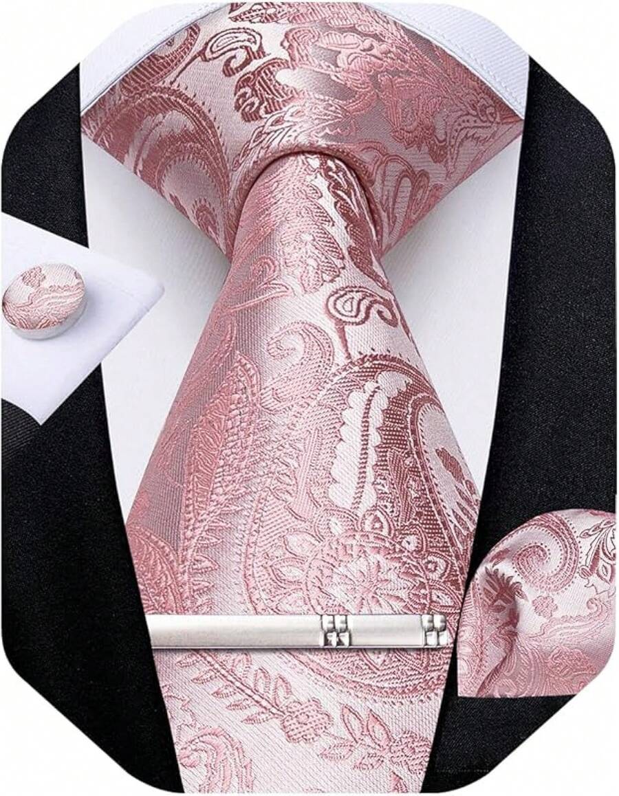 Silk Floral Necktie Set With Tie Clip, Handkerchief & Cufflinks - Blush Pink Paisley - View 1