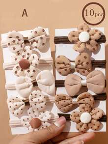 10pcs/Pk Girl Autumn/Winter Brown Flower Hair Scrunchies, Beige Bowknot Hair Ties, Suitable For Ponytail, Everyday Use
