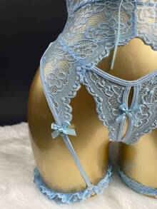 3 Pcs Women's Sexy Lingerie Set - Floral Lace Backless Nightgown With Garter Belt, Satin Bow & Ruffle Thigh Cuffs, V-Neck Bra & Thong, Seductive Bedroom Sleepwear For Valentine's Day Theme Parties, Romantic Shapewear Gift - 淺藍色 - 查看 5