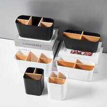 1件裝竹製牙刷架，5格浴室檯面收納架，適用電動牙刷、牙膏、刮鬍刀，可拆卸竹木化妝品收納籃，廚房雜物收納盒，客廳咖啡桌桌面木塑收納盒，居家分格收納盒，桌面雜物收納器，學生INS風竹木遙控器收納盒，輕奢，國慶禮物，萬聖節禮物，聖誕禮物 - 彩色 - 查看 4