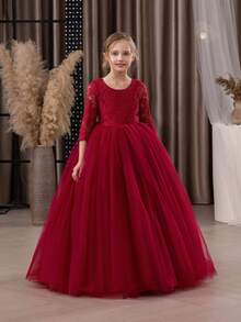 Tween Girl Lace Trim Deep V Back Mesh Princess Dress, Suitable For Birthday Party, Easter, Flower Girl, Wedding, Prom, Holiday Occasions - Burgundy - View 5