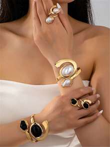 2pcs/Set New European & American Geometric Ring & Bracelet Set, Minimalist Elegant Fashion Bangle Rings Jewelry Suit For Wedding, Party