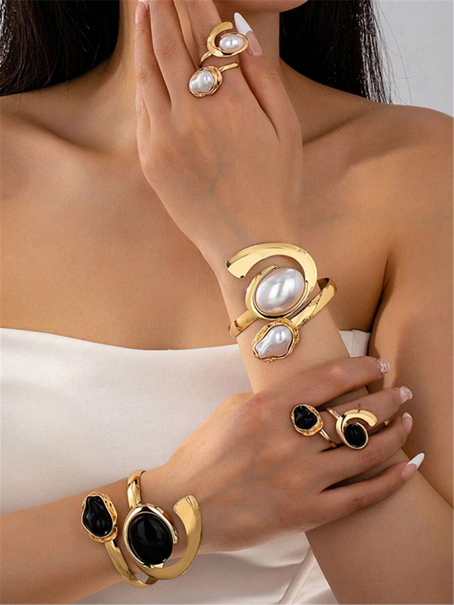 2pcs/Set New European & American Geometric Ring & Bracelet Set, Minimalist Elegant Fashion Bangle Rings Jewelry Suit For Wedding, Party