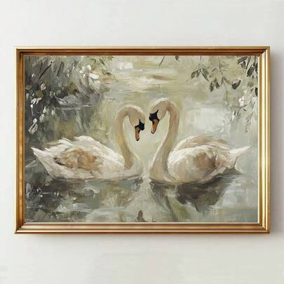 1pc Framed/Unframed Vintage Swan Lake Landscape Poster, Romantic Love Wall Art Canvas, Minimalist Farmhouse Decor Vintage Painting, Suitable For Couples, Lovers, Apartment, Living Room, Bedroom, Modern Home Decor
